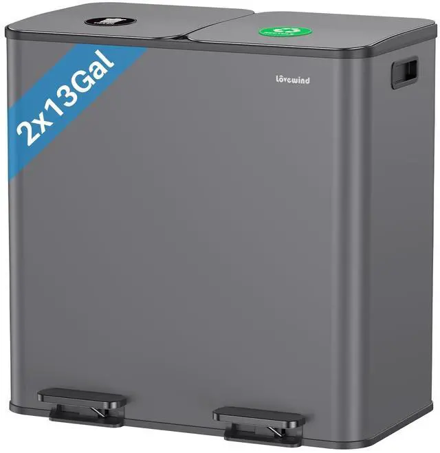 Main image of Dual Trash and Recycling Bins for Kitchen, 2×13 Gallon (2× 50L) Stainless Steel Trash and Recycle Bin Combo with Soft-Close Lid, Large Garbage Cans for Kitchen Home with 2 Magnets Sticker, Gray