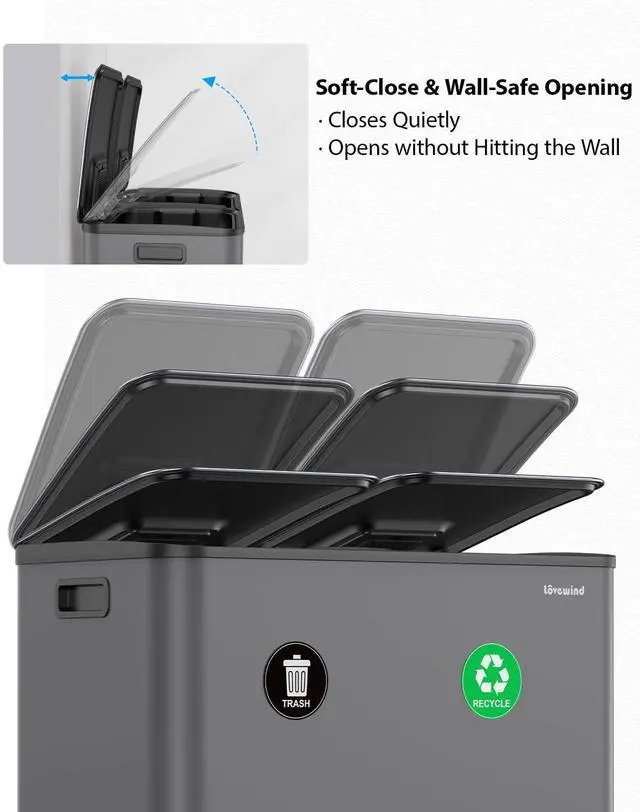 Alt view image 6 of 6 - Dual Trash and Recycling Bins for Kitchen, 2×13 Gallon (2× 50L) Stainless Steel Trash and Recycle Bin Combo with Soft-Close Lid, Large Garbage Cans for Kitchen Home with 2 Magnets Sticker, Gray