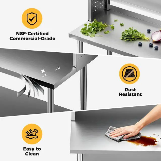 Alt view image 3 of 6 - 60x24 in NSF All Stainless Steel Table with Adjustable Shelf & Pegboard Panels & Casters, Kitchen Prep Table Commercial Heavy-Duty Worktable with Large Space Storage for Restaurant Garages