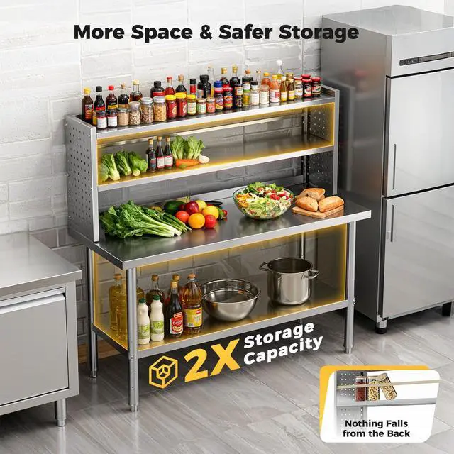 Alt view image 6 of 6 - 60x24 in NSF All Stainless Steel Table with Adjustable Shelf & Pegboard Panels & Casters, Kitchen Prep Table Commercial Heavy-Duty Worktable with Large Space Storage for Restaurant Garages