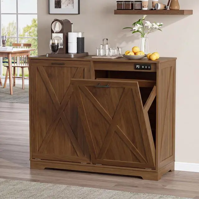 Main image of Double Tilt Out Trash Can Cabinet, Wooden Farmhouse Kitchen Garbage Bin Enclosure with Negative Ion Odor Control, Hidden Dog Proof Trash or Laundry Basket Storage for Laundry Room, Walnut
