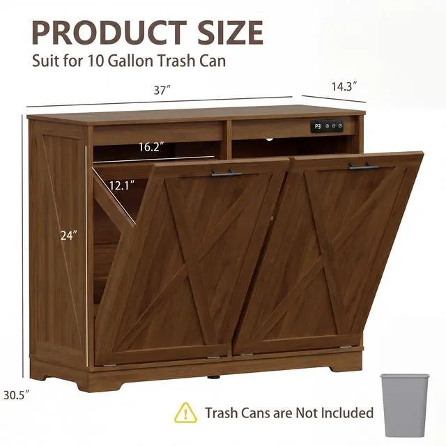 Alt view image 2 of 6 - Double Tilt Out Trash Can Cabinet, Wooden Farmhouse Kitchen Garbage Bin Enclosure with Negative Ion Odor Control, Hidden Dog Proof Trash or Laundry Basket Storage for Laundry Room, Walnut