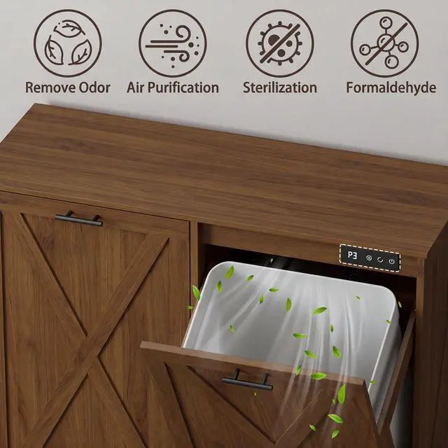 Alt view image 3 of 6 - Double Tilt Out Trash Can Cabinet, Wooden Farmhouse Kitchen Garbage Bin Enclosure with Negative Ion Odor Control, Hidden Dog Proof Trash or Laundry Basket Storage for Laundry Room, Walnut