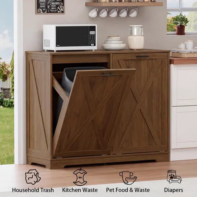 Alt view image 4 of 6 - Double Tilt Out Trash Can Cabinet, Wooden Farmhouse Kitchen Garbage Bin Enclosure with Negative Ion Odor Control, Hidden Dog Proof Trash or Laundry Basket Storage for Laundry Room, Walnut