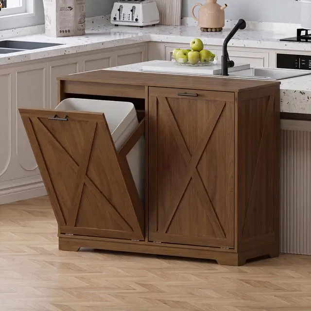 Alt view image 5 of 6 - Double Tilt Out Trash Can Cabinet, Wooden Farmhouse Kitchen Garbage Bin Enclosure with Negative Ion Odor Control, Hidden Dog Proof Trash or Laundry Basket Storage for Laundry Room, Walnut