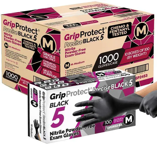 Main image of Precise 5 Mil Black Nitrile Gloves Chemical Resistant Nitrile Gloves with Textured Grip for Mechanics, Janitors & Food Prep Medical Disposable Gloves, Medium Case of 1000, 10 bx of 100