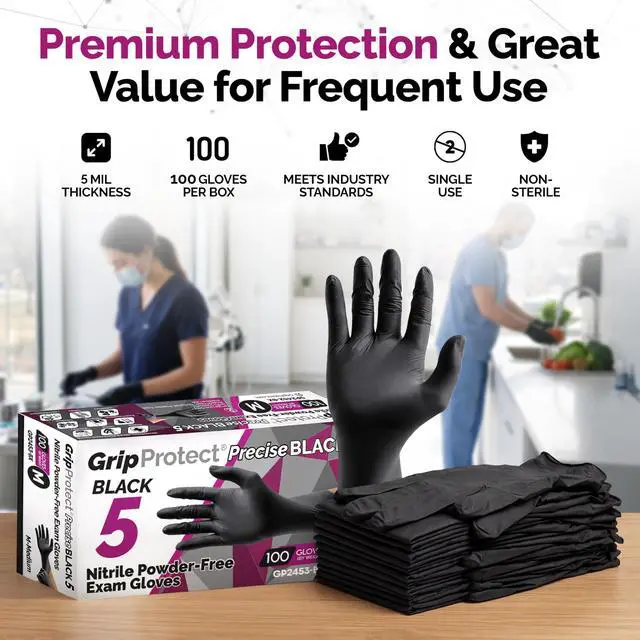 Alt view image 2 of 6 - Precise 5 Mil Black Nitrile Gloves Chemical Resistant Nitrile Gloves with Textured Grip for Mechanics, Janitors & Food Prep Medical Disposable Gloves, Medium Case of 1000, 10 bx of 100
