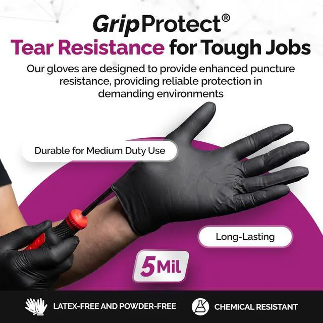 Alt view image 3 of 6 - Precise 5 Mil Black Nitrile Gloves Chemical Resistant Nitrile Gloves with Textured Grip for Mechanics, Janitors & Food Prep Medical Disposable Gloves, Medium Case of 1000, 10 bx of 100