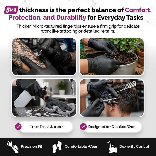 Alt view image 4 of 6 - Precise 5 Mil Black Nitrile Gloves Chemical Resistant Nitrile Gloves with Textured Grip for Mechanics, Janitors & Food Prep Medical Disposable Gloves, Medium Case of 1000, 10 bx of 100
