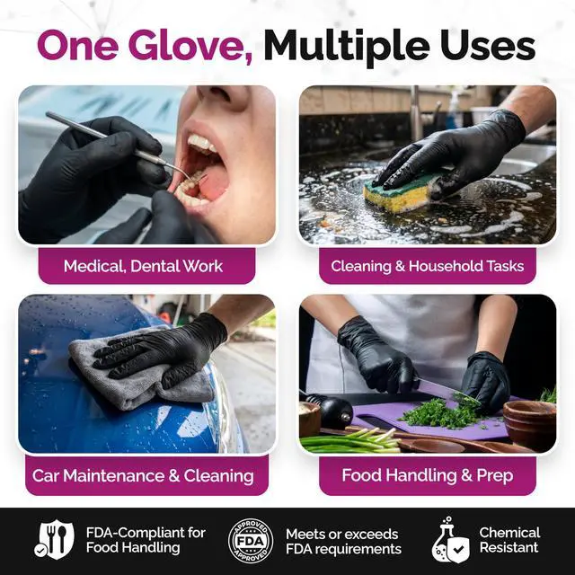 Alt view image 6 of 6 - Precise 5 Mil Black Nitrile Gloves Chemical Resistant Nitrile Gloves with Textured Grip for Mechanics, Janitors & Food Prep Medical Disposable Gloves, Medium Case of 1000, 10 bx of 100