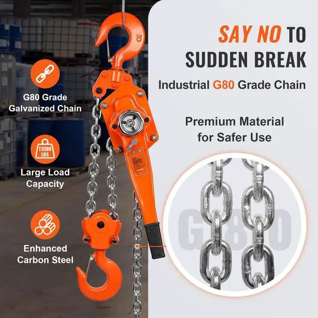 Alt view image 4 of 6 - Manual Lever Chain Hoist, 6 Ton 13200 lbs Capacity 10 FT Come Along, G80 Galvanized Carbon Steel with Weston Double-Pawl Brake, Auto Chain Leading & 360° Rotation Hook, for Garage Factory Dock