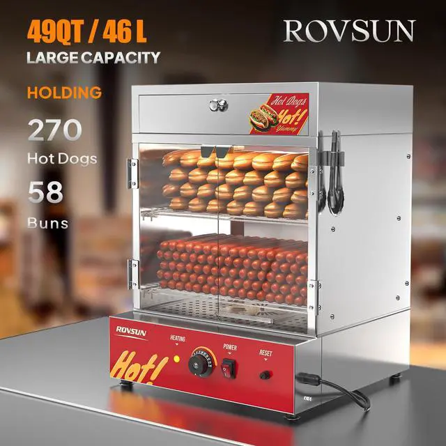 Alt view image 3 of 6 - 49QT/46L Hot Dog Steamer, 2-Tier Hut Steamer, Hot Dog Steamer Bun Warmer Cooker 270 Hot Dogs & 58 Buns Capacity with Drawer, Removable Shelves, Food Clip for Party Event Concession Stand