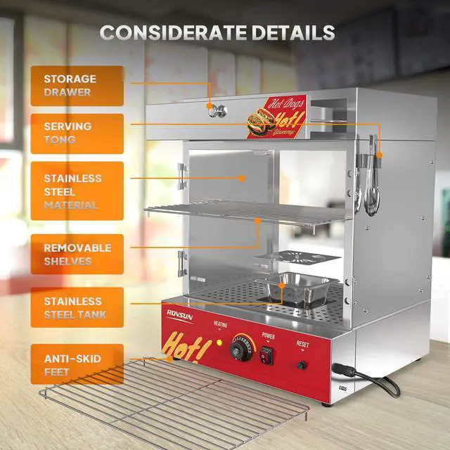 Alt view image 5 of 6 - 49QT/46L Hot Dog Steamer, 2-Tier Hut Steamer, Hot Dog Steamer Bun Warmer Cooker 270 Hot Dogs & 58 Buns Capacity with Drawer, Removable Shelves, Food Clip for Party Event Concession Stand