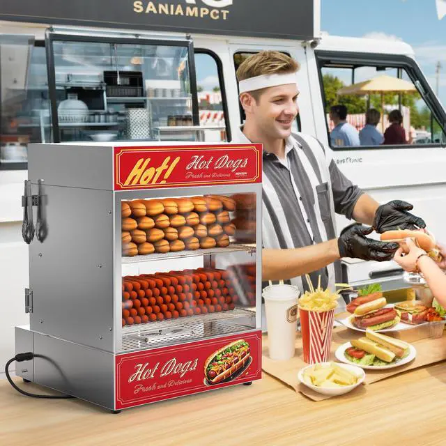 Alt view image 6 of 6 - 49QT/46L Hot Dog Steamer, 2-Tier Hut Steamer, Hot Dog Steamer Bun Warmer Cooker 270 Hot Dogs & 58 Buns Capacity with Drawer, Removable Shelves, Food Clip for Party Event Concession Stand