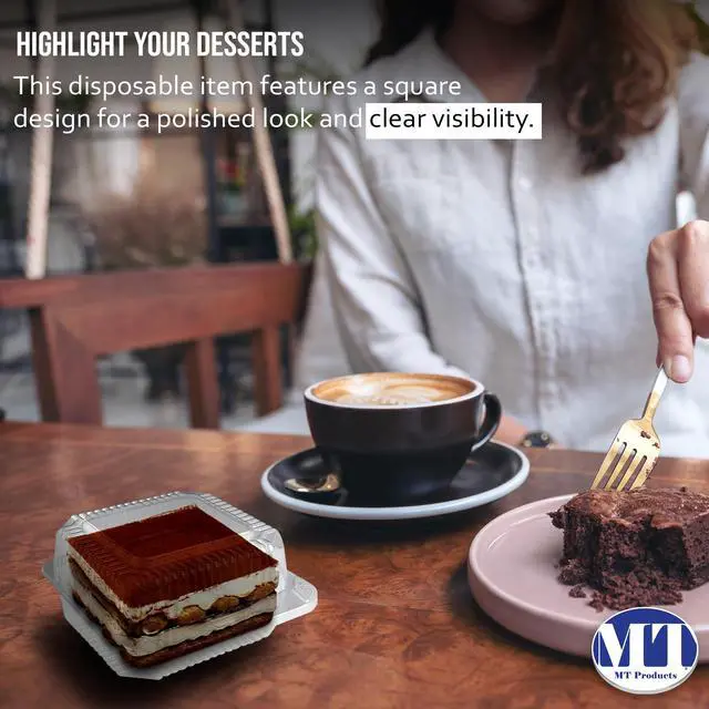 Alt view image 4 of 6 - Cake Slice Container 5" x 5" x 2.75" - Clear Square Hinged Medium Deep Individual Cake Slice Containers (Pack of 500) - Made in USA