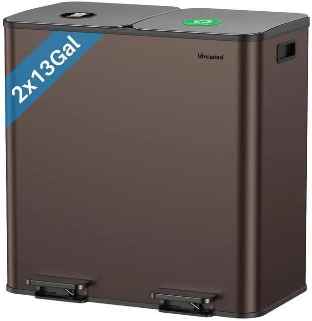 Main image of Dual Trash and Recycling Bins for Kitchen, 2×13 Gallon (2× 50L) Stainless Steel Trash and Recycle Bin Combo with Soft-Close Lid, Large Garbage Cans for Kitchen Home with 2 Magnets Sticker, Brown