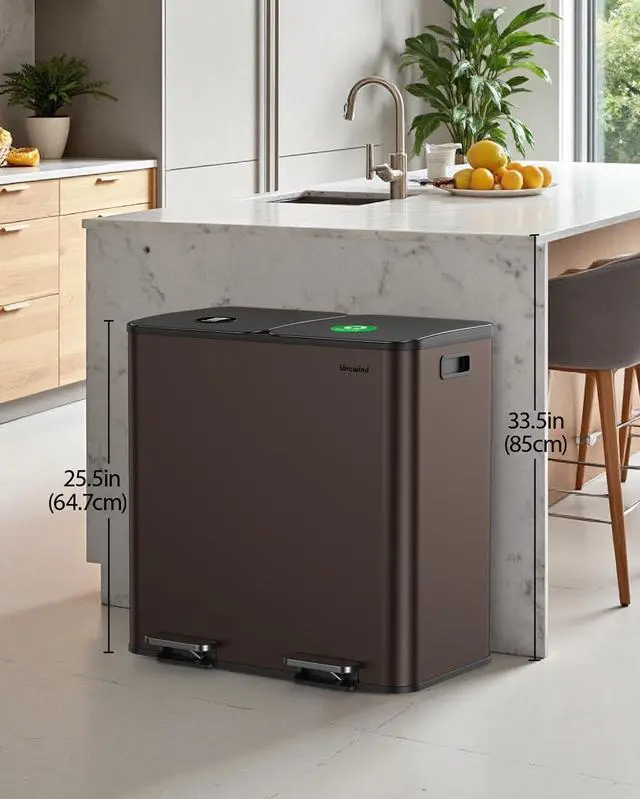 Alt view image 2 of 6 - Dual Trash and Recycling Bins for Kitchen, 2×13 Gallon (2× 50L) Stainless Steel Trash and Recycle Bin Combo with Soft-Close Lid, Large Garbage Cans for Kitchen Home with 2 Magnets Sticker, Brown