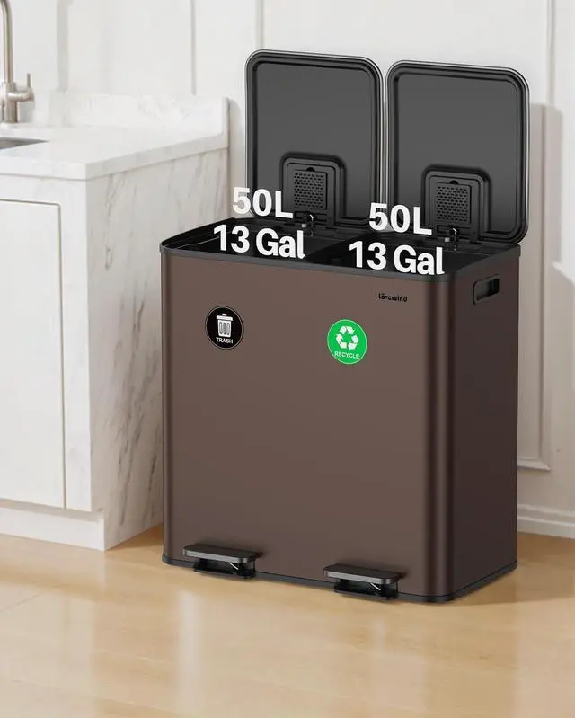 Alt view image 3 of 6 - Dual Trash and Recycling Bins for Kitchen, 2×13 Gallon (2× 50L) Stainless Steel Trash and Recycle Bin Combo with Soft-Close Lid, Large Garbage Cans for Kitchen Home with 2 Magnets Sticker, Brown