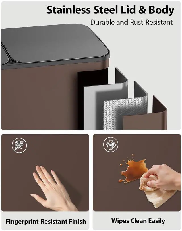 Alt view image 4 of 6 - Dual Trash and Recycling Bins for Kitchen, 2×13 Gallon (2× 50L) Stainless Steel Trash and Recycle Bin Combo with Soft-Close Lid, Large Garbage Cans for Kitchen Home with 2 Magnets Sticker, Brown
