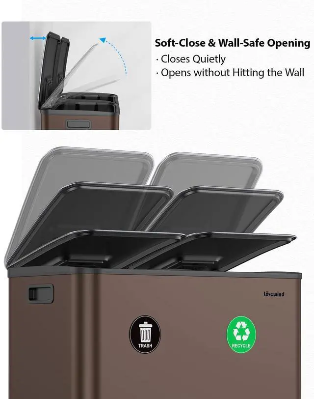 Alt view image 6 of 6 - Dual Trash and Recycling Bins for Kitchen, 2×13 Gallon (2× 50L) Stainless Steel Trash and Recycle Bin Combo with Soft-Close Lid, Large Garbage Cans for Kitchen Home with 2 Magnets Sticker, Brown