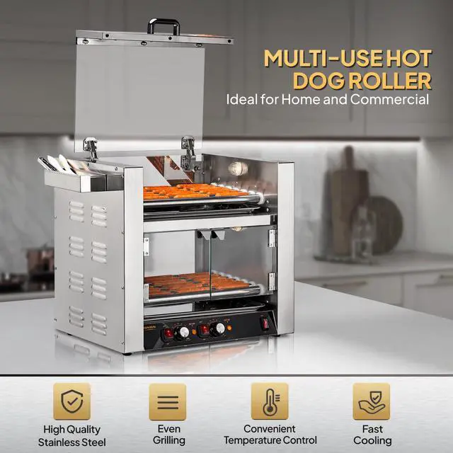 Alt view image 5 of 6 - 2 Tier Hot Dog Roller, 36 Hot Dog 7 Rollers ETL Certified, Hot Dog Machine Sausage Grill with Dual Temp Control, Glass Cover, Light, Side Storage Box & Drip Tray for Home Commercial 2100W