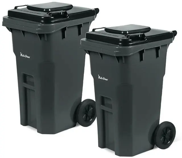 Main image of 27 Gallon Outdoor Trash Can with Lid and Wheels Small Wheeled Outdoor Garbage Cans Storage Outside Heavy-Duty Rolling Trash Bin for Home Office Commercial Use, Plastic Gray 2 Pack