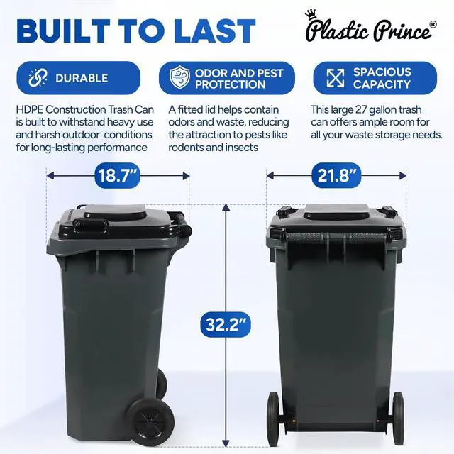 Alt view image 5 of 6 - 27 Gallon Outdoor Trash Can with Lid and Wheels Small Wheeled Outdoor Garbage Cans Storage Outside Heavy-Duty Rolling Trash Bin for Home Office Commercial Use, Plastic Gray 2 Pack