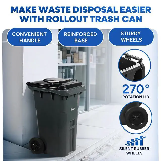 Alt view image 6 of 6 - 27 Gallon Outdoor Trash Can with Lid and Wheels Small Wheeled Outdoor Garbage Cans Storage Outside Heavy-Duty Rolling Trash Bin for Home Office Commercial Use, Plastic Gray 2 Pack