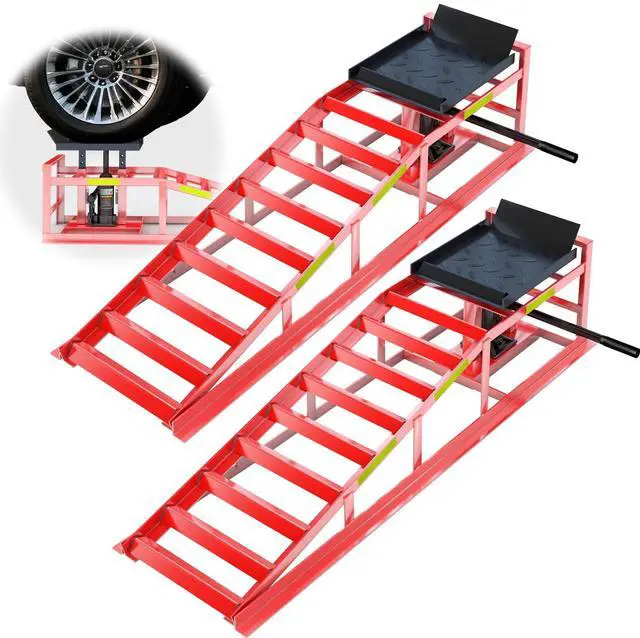 Main image of 2 PCS Hydraulic Car Ramp, 5T/11000 LBS Heavy-Duty Car Ramp, Hydraulic Oil Change ramp with Built-in high Visibility Reflective Strip, Adjustable Lifting Height of 9.8-15 in Garage Car Ramp,Red