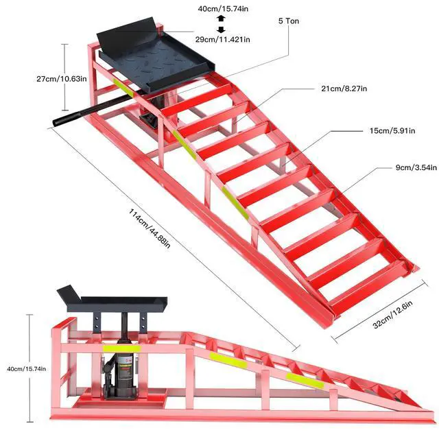 Alt view image 2 of 6 - 2 PCS Hydraulic Car Ramp, 5T/11000 LBS Heavy-Duty Car Ramp, Hydraulic Oil Change ramp with Built-in high Visibility Reflective Strip, Adjustable Lifting Height of 9.8-15 in Garage Car Ramp,Red