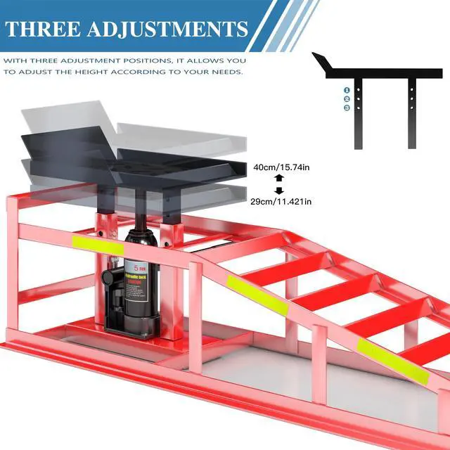 Alt view image 3 of 6 - 2 PCS Hydraulic Car Ramp, 5T/11000 LBS Heavy-Duty Car Ramp, Hydraulic Oil Change ramp with Built-in high Visibility Reflective Strip, Adjustable Lifting Height of 9.8-15 in Garage Car Ramp,Red
