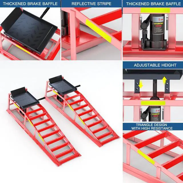 Alt view image 4 of 6 - 2 PCS Hydraulic Car Ramp, 5T/11000 LBS Heavy-Duty Car Ramp, Hydraulic Oil Change ramp with Built-in high Visibility Reflective Strip, Adjustable Lifting Height of 9.8-15 in Garage Car Ramp,Red