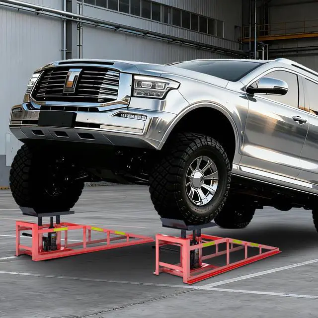 Alt view image 6 of 6 - 2 PCS Hydraulic Car Ramp, 5T/11000 LBS Heavy-Duty Car Ramp, Hydraulic Oil Change ramp with Built-in high Visibility Reflective Strip, Adjustable Lifting Height of 9.8-15 in Garage Car Ramp,Red