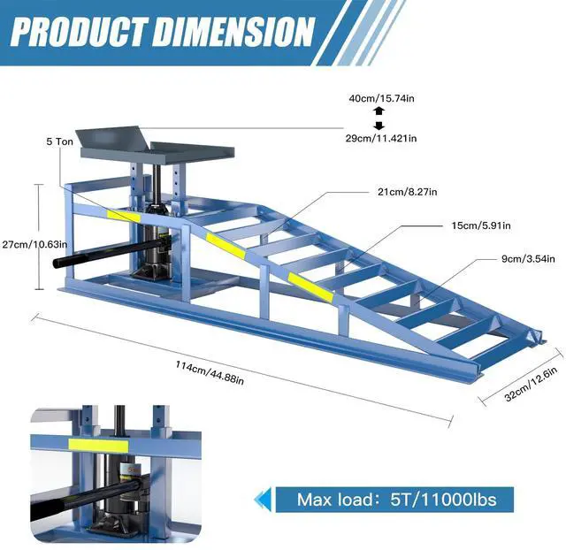 Alt view image 2 of 6 - 2 Heavy-Duty Car Ramps, 5-Ton (5000 kg) Capacity, High-Load Hydraulic Ramps with Reflective Strips for Safe Nighttime Use, Adjustable Height from 9.8 to 15 in, Usable as Workshop Lifting Platform