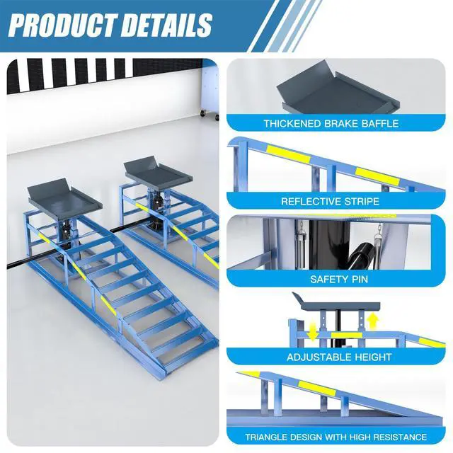Alt view image 3 of 6 - 2 Heavy-Duty Car Ramps, 5-Ton (5000 kg) Capacity, High-Load Hydraulic Ramps with Reflective Strips for Safe Nighttime Use, Adjustable Height from 9.8 to 15 in, Usable as Workshop Lifting Platform