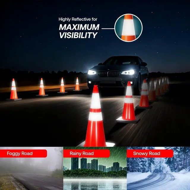 Alt view image 5 of 6 - 28 Inch Performance Cones, 8 Pack, Orange PVC Traffic Safety Cones with 10 lb. Black Base for Construction, Road Parking, MUTCD Approved, Highly Reflective Bands, Structurally Stable, Wearproof