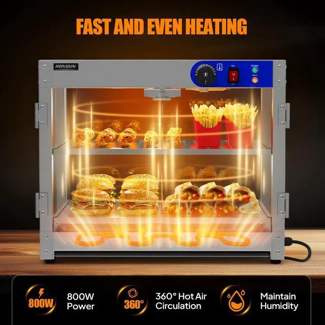 Alt view image 2 of 6 - 2-Tier Food Warmer Pizza Warmer, Commercial Food Warmer Display with LED Lighting Removable Shelves Glass Door, Electric Countertop Food Warmer for Buffet Restaurant 110V 800W