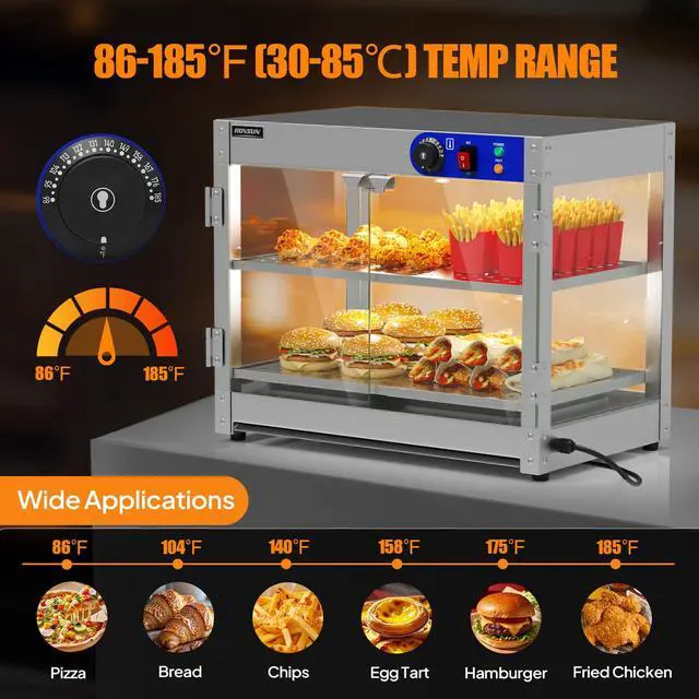 Alt view image 3 of 6 - 2-Tier Food Warmer Pizza Warmer, Commercial Food Warmer Display with LED Lighting Removable Shelves Glass Door, Electric Countertop Food Warmer for Buffet Restaurant 110V 800W