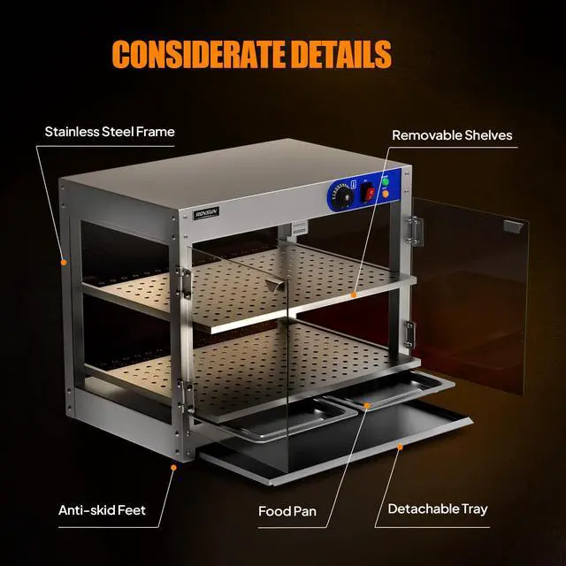 Alt view image 4 of 6 - 2-Tier Food Warmer Pizza Warmer, Commercial Food Warmer Display with LED Lighting Removable Shelves Glass Door, Electric Countertop Food Warmer for Buffet Restaurant 110V 800W