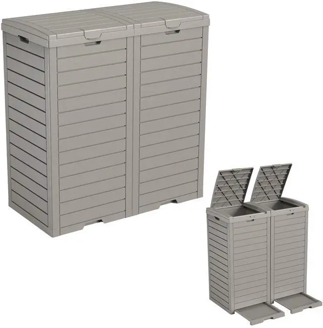 Main image of 38 Gallon Outdoor Trash Can with Lid & Drip Tray, Dual Garbage Can for Patio Backyard Deck,Large Heavy Duty Waste Container Bin,Light Coffee