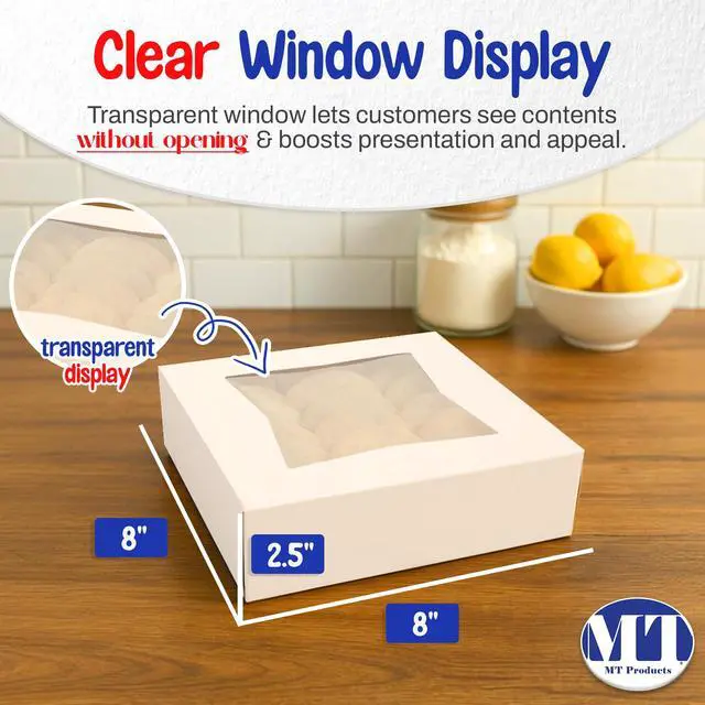 Alt view image 2 of 6 - White Cookie Boxes - Size of 8" X 8" X 2.5" - (200 Pieces) Auto Pop-Up Bakery Boxes with Window - Made in the USA