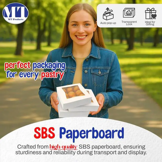 Alt view image 3 of 6 - White Cookie Boxes - Size of 8" X 8" X 2.5" - (200 Pieces) Auto Pop-Up Bakery Boxes with Window - Made in the USA
