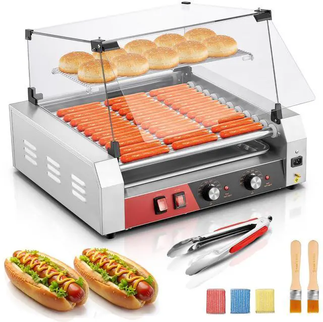 Main image of Hot Dog Roller 11 Rollers 30 Hot Dogs Capacity, 1650W Stainless Steel Hot Dog Machine with Bun Warmer Shelf, Dual Temp Control, Glass Cover, Removable Tray for Commercial and Party