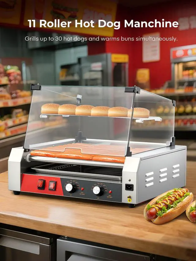 Alt view image 2 of 6 - Hot Dog Roller 11 Rollers 30 Hot Dogs Capacity, 1650W Stainless Steel Hot Dog Machine with Bun Warmer Shelf, Dual Temp Control, Glass Cover, Removable Tray for Commercial and Party