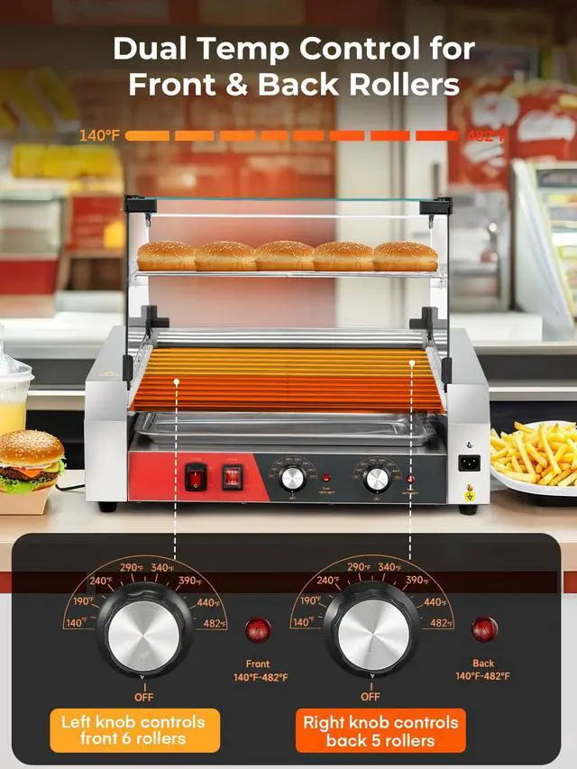 Alt view image 3 of 6 - Hot Dog Roller 11 Rollers 30 Hot Dogs Capacity, 1650W Stainless Steel Hot Dog Machine with Bun Warmer Shelf, Dual Temp Control, Glass Cover, Removable Tray for Commercial and Party