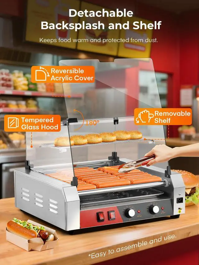 Alt view image 5 of 6 - Hot Dog Roller 11 Rollers 30 Hot Dogs Capacity, 1650W Stainless Steel Hot Dog Machine with Bun Warmer Shelf, Dual Temp Control, Glass Cover, Removable Tray for Commercial and Party