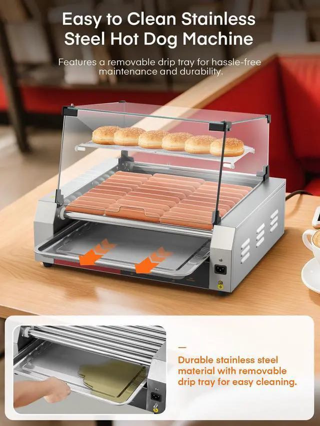 Alt view image 6 of 6 - Hot Dog Roller 11 Rollers 30 Hot Dogs Capacity, 1650W Stainless Steel Hot Dog Machine with Bun Warmer Shelf, Dual Temp Control, Glass Cover, Removable Tray for Commercial and Party
