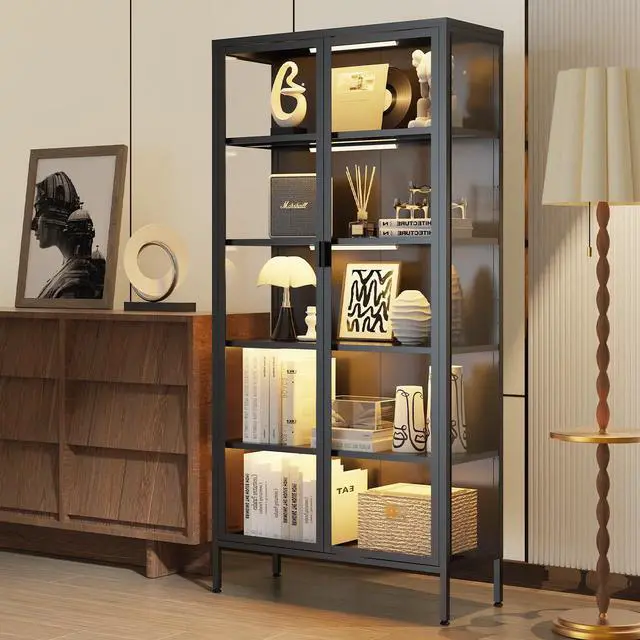 Main image of 71" H Display Cabinet with Glass Doors, 5 Tiers Curio Glass Display Cabinet with 3 Colors LED Sensor Light,Display Cabinets for Collectible with 4 Adjustable Shelves for Living Room,Bedroom