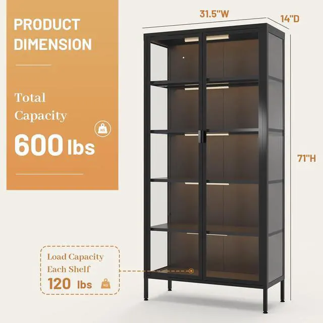 Alt view image 2 of 6 - 71" H Display Cabinet with Glass Doors, 5 Tiers Curio Glass Display Cabinet with 3 Colors LED Sensor Light,Display Cabinets for Collectible with 4 Adjustable Shelves for Living Room,Bedroom