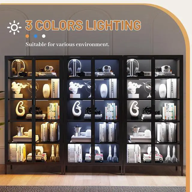 Alt view image 3 of 6 - 71" H Display Cabinet with Glass Doors, 5 Tiers Curio Glass Display Cabinet with 3 Colors LED Sensor Light,Display Cabinets for Collectible with 4 Adjustable Shelves for Living Room,Bedroom